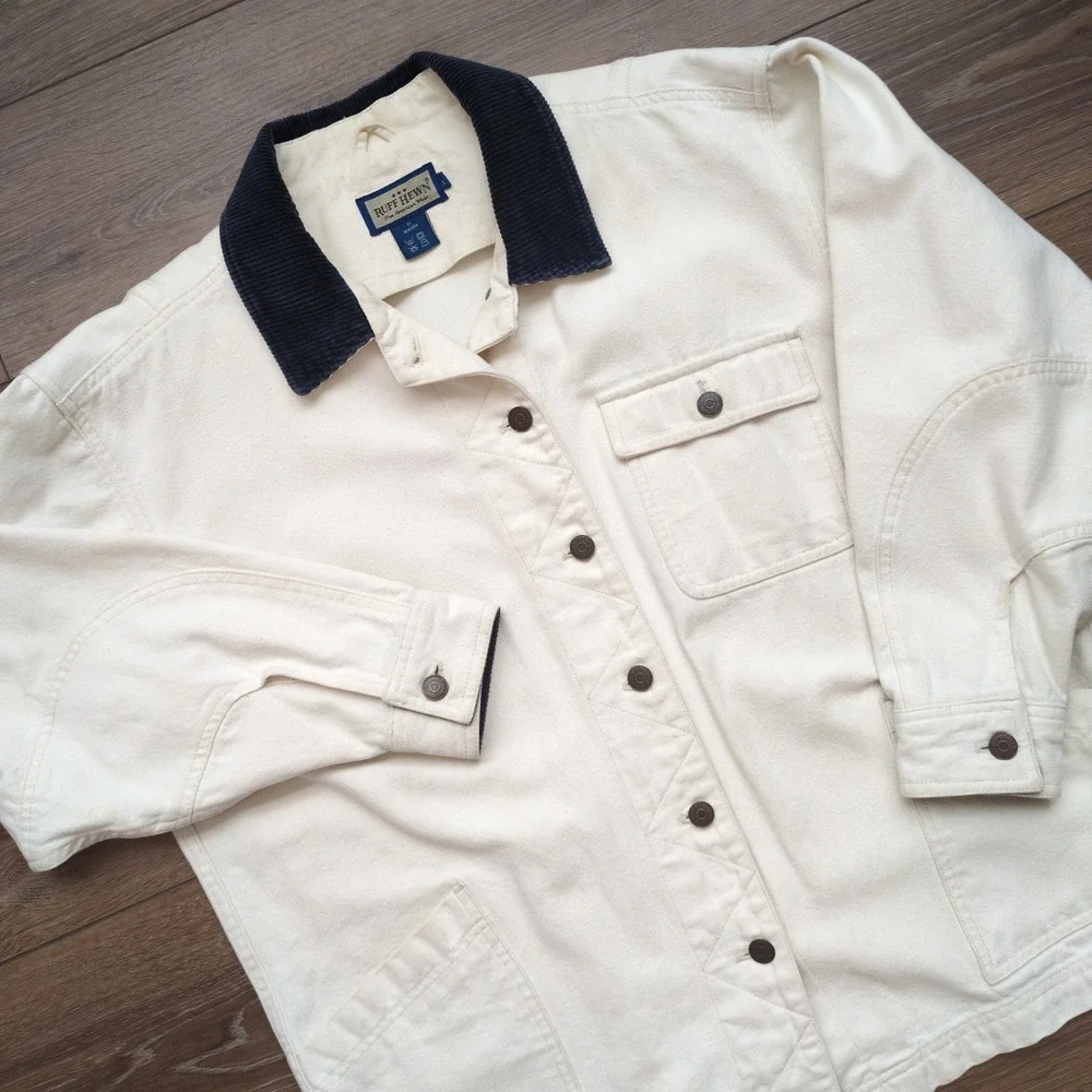 Vtg 90s Ruff Hewn Barn Chore Jacket White Canvas Corduroy Collar Workwear Large